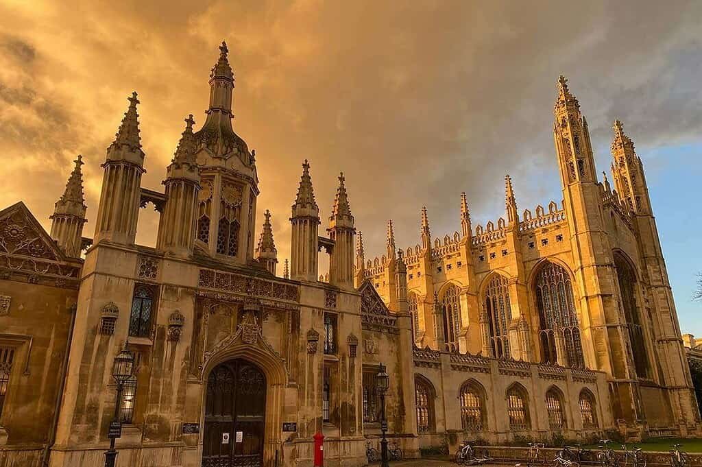 Stunning view of Cambridge Cathedral during golden hour, showcasing historic architecture and Gothic style.