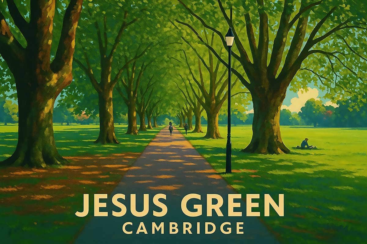 Lush green pathway in Jesus Green park, Cambridge, with trees and people enjoying outdoor leisure. Cambridge photo tours.