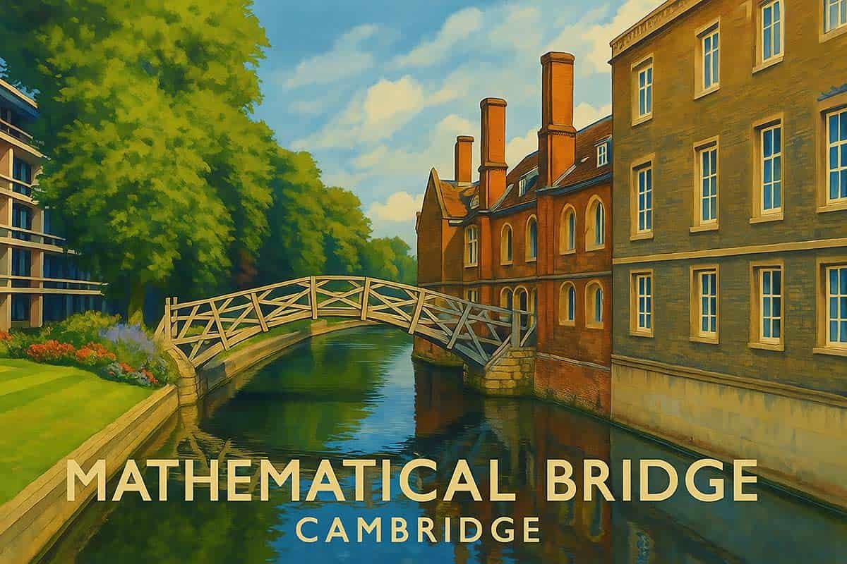 Historic Cambridge cityscape with Mathematical Bridge over the River Cam in summer season.