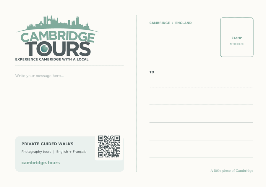 Cambridge Tours A6 postcard reverse design