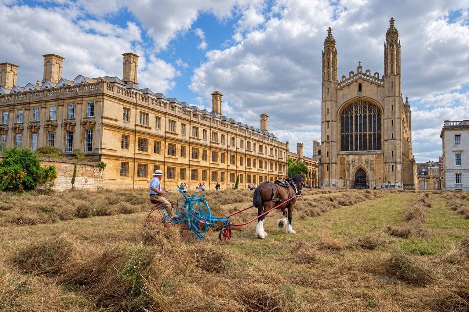 Horse pulling blue harvesting machinery through cut grass beside King’s College Chapel